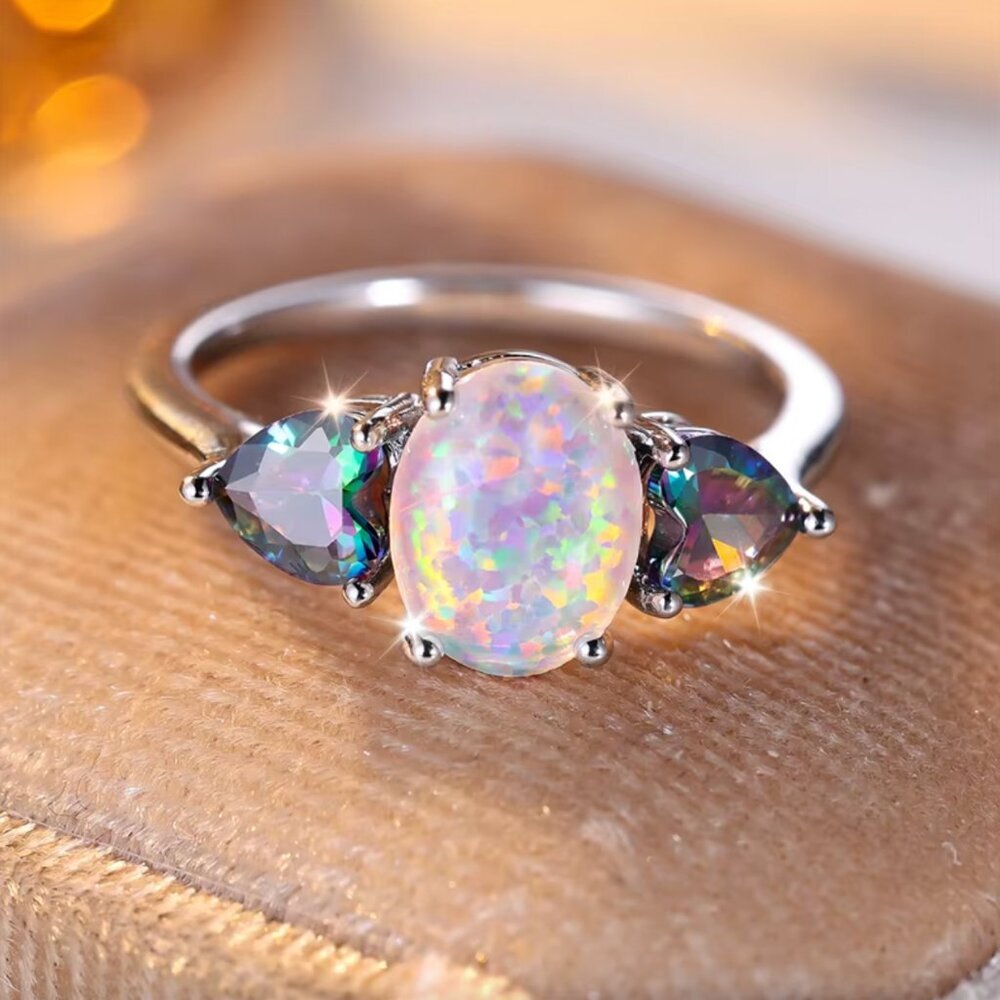NEW 14k White Gold White Opal Diamond Ring Mystic Topaz Ring Band